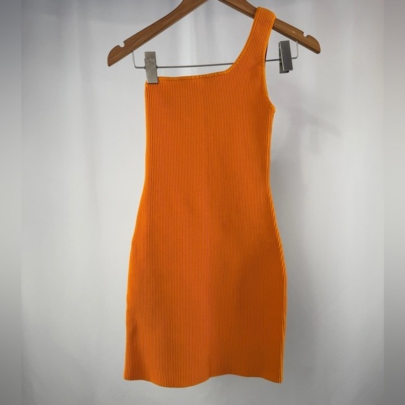 Aritzia Babaton Sculpt Knit One Shoulder Mini Dress in Orange Size Small - Picture 2 of 8